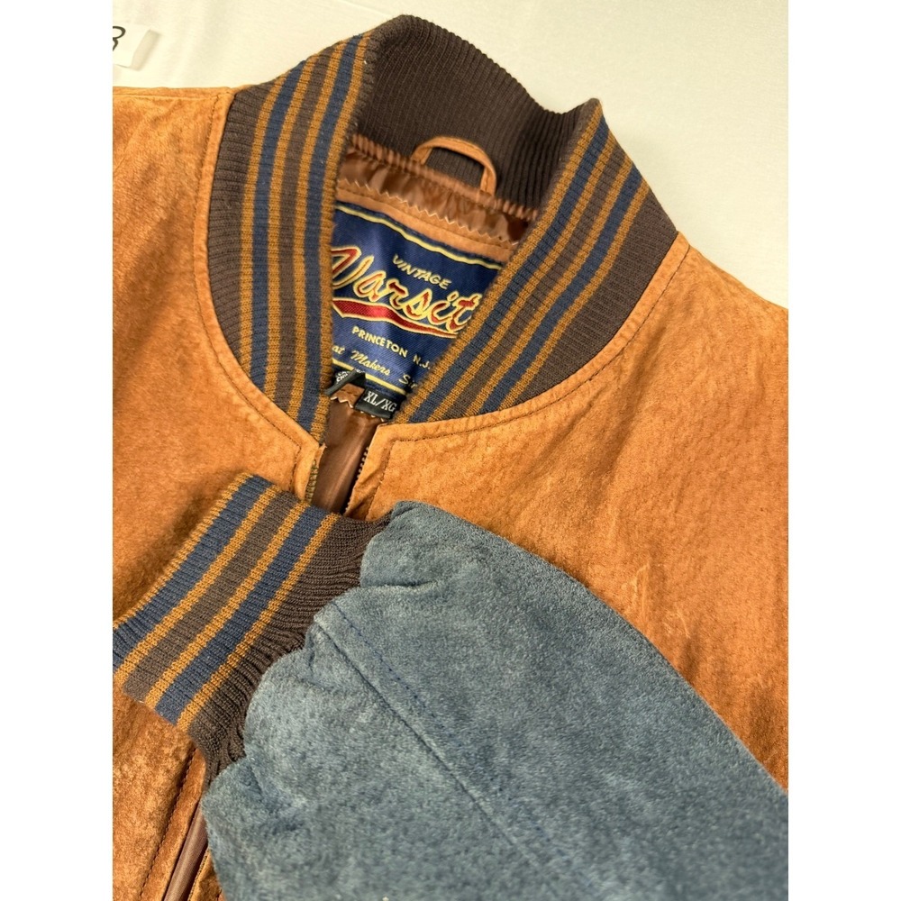 Vintage Varsity Princeton NJ Suede Bomber Jacket Mens XL Brown Navy Blue Zip